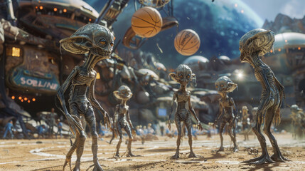 alieni che giocano a basket sulla luna in una diversa galassia, sfondo di luna e colori blu dello spazio