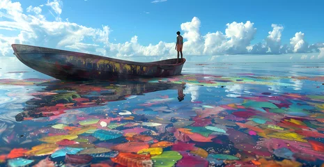 Selbstklebende Fototapete Zanzibar someone standing on a yate in front of a magical caribean landscape,
