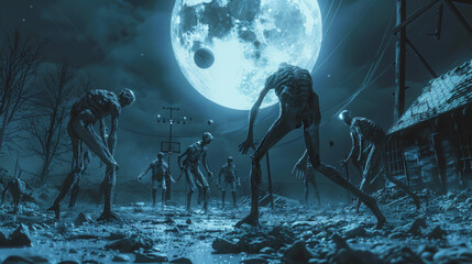 alieni che giocano a basket sulla luna in una diversa galassia, sfondo di luna e colori blu dello spazio - obrazy, fototapety, plakaty