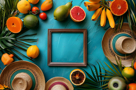 A picture frame is surrounded by various fruits and vibrant palm leaves copy space festa Junina