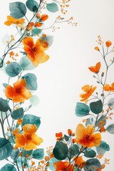 Fototapeta premium Delicate floral frame with orange flowers, green leaves and small flowers.