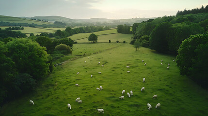 An aerial view of a peaceful countryside dotted with sheep grazing