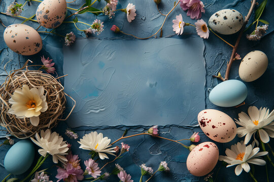 Blue background with various flowers, colorful eggs, and a birds nest mockup copy space for text easter