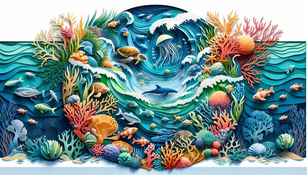 Paper cut art for world ocean day concept with whale turtle and fish swimming underwater to conservation environment and oceans  campaign