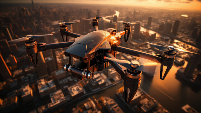 Flying drones in the city for taking images and videos.