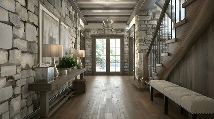 Loft interior design for a contemporary foyer. Farmhouse hall with console table and bench up against wall covered in stone veneer.