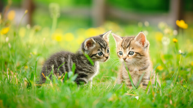 Two little baby cats sitting on the grass. Animals photography
