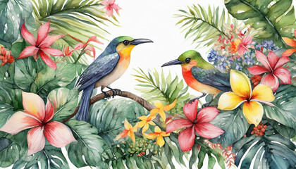 Watercolor painting of tropical leaves and flowers and beautiful birds. Summer season. Hand drawn