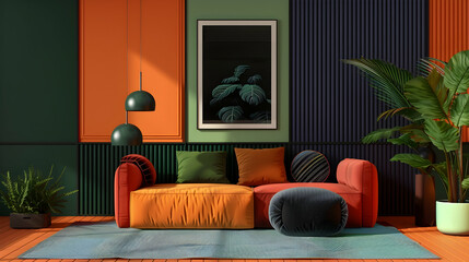 Memphis modern living room interior design. Brightly coloured sofa cushions contrast with a black and orange wall featuring a poster frame.