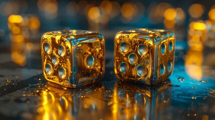 Abstract art depicting financial harmony, secure gold and ambitious dice together, crisp twilight ambiance - obrazy, fototapety, plakaty