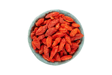 Dried goji berries in a bowl, Lycium barbarum, topview and isolated