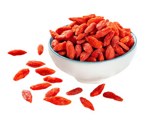 Dried goji berries in a bowl, Lycium barbarum, isolated