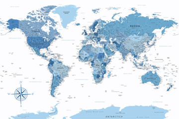 World Map - Highly Detailed Vector Map of the World. Ideally for the Print Posters. Faded Blue White Colors © Porcupen
