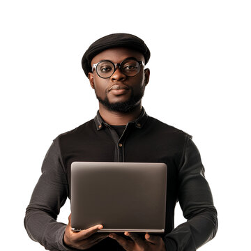 Afro man, half body portrait of computer programmer with laptop in network security hacking, Isolated on Transparent Background, PNG