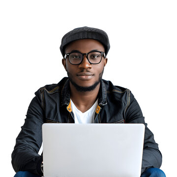 Network security hacking, half body portrait of afro man, computer programmer with laptop, Isolated on Transparent Background, PNG