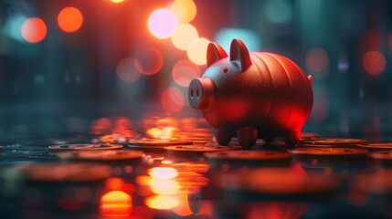 Abstract art showing risk reward ratio, from piggy bank conservatism to rocket growth, crisp twilight ambiance