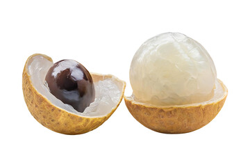 One opened longan fruit or dragon´s eye, closeup and isolated