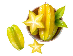 Fresh carambola or star fruit in a bowl, topview and isolated