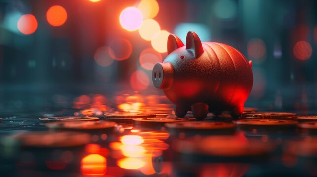 Abstract art showing risk reward ratio, from piggy bank conservatism to rocket growth, crisp twilight ambiance