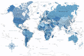 World Map - Highly Detailed Vector Map of the World. Ideally for the Print Posters. Faded Blue White Colors