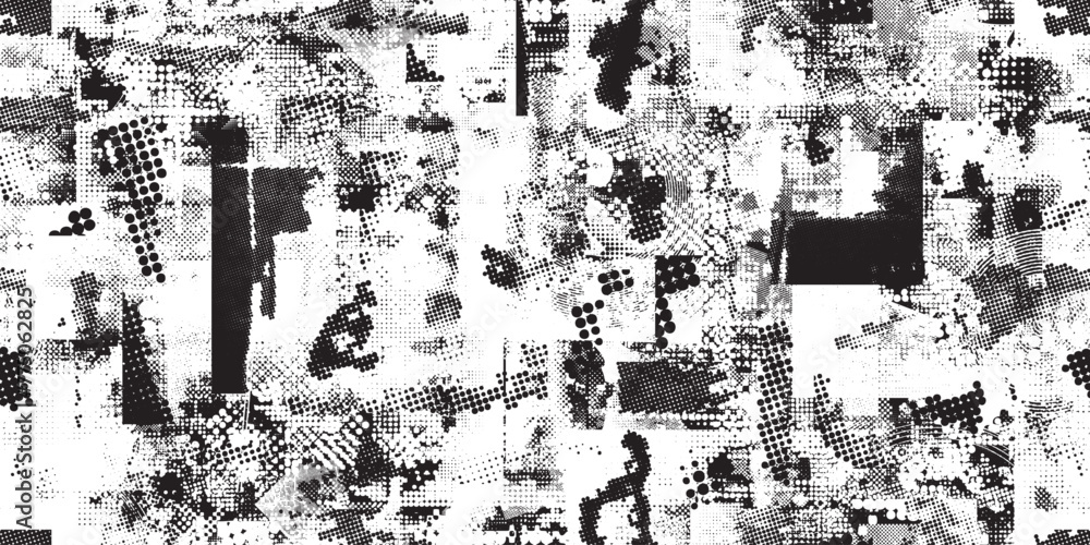 Poster Glitch distorted grungy abstract forms . Halftone dots seamless pattern texture. Grange shapes .Grunge textured . Vector shapes with half tone dots .Screen print endless pattern texture