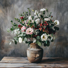 A_beautiful_bouquet_of_flowers_in_a_rustic_vase_on_a_woo_4