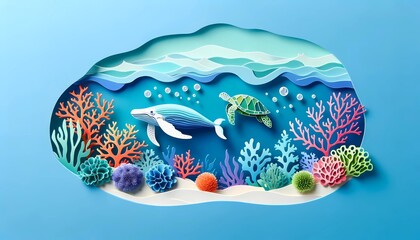 Paper cut art for world ocean day concept with whale turtle and fish swimming underwater to conservation environment and oceans  campaign