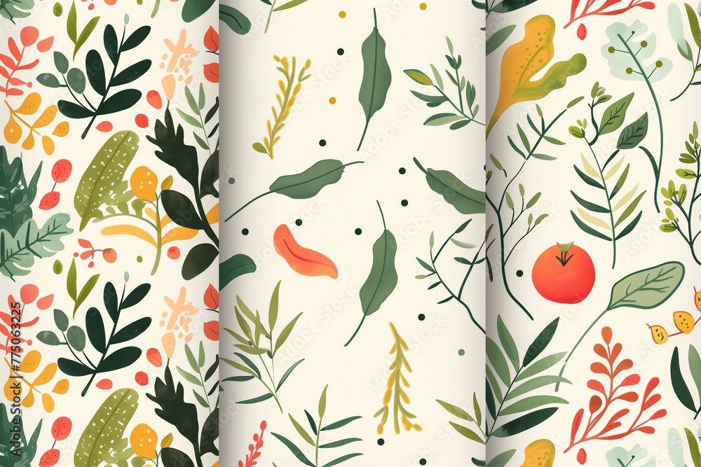 Poster collection of various leaf and berry patterns displayed on a clean white backdrop set of organic pat