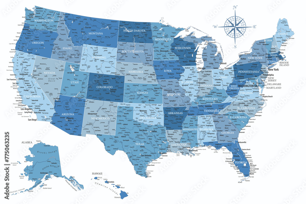 Wall mural United States - Highly Detailed Vector Map of the USA. Ideally for the Print Posters. Faded Blue White Colors