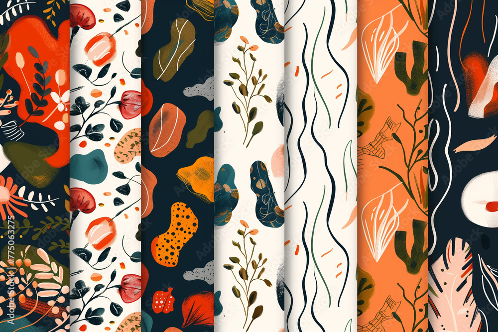 Poster four distinct patterns of leaves and plants on a white background set of organic patterns