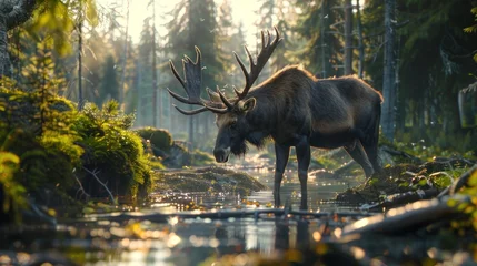 Foto op Canvas Moose in Grand Teton National Park wading and eating in a field and a wading in a beaver pond © muza