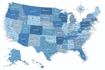 United States - Highly Detailed Vector Map of the USA. Ideally for the Print Posters. Faded Blue White Colors