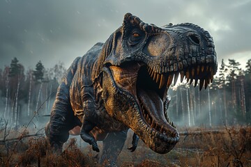 Tyrannosaurus rex in moody lighting  ultra wide angle realism in photorealistic image