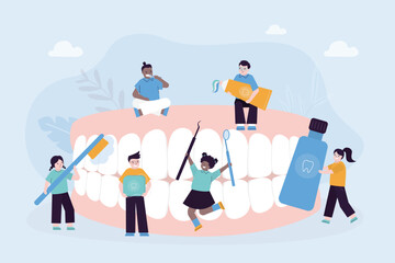 Naklejka premium Jaws with healthy teeth. Happy friends kids with oral care tools - brush, toothpaste, floss. Healthy teeth after brushing and whitening. concept of pediatric stomatology.