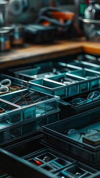 Capture the essence of organization with a close-up shot of items being meticulously sorted into storage compartments Show the beauty in tidiness and precision