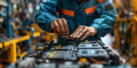 Mechanic performing car battery maintenance and checking electrical system at an auto repair service. Concept Auto Repair Service, Car Battery Maintenance, Electrical System Check