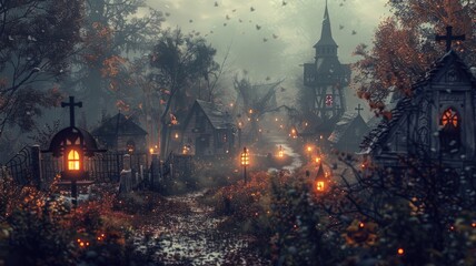 Misty Graveyard with Lighting in a Mystical Old Small Autumn. Generative AI - obrazy, fototapety, plakaty