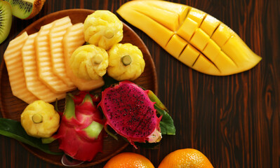 mix tropical fruits, pineapple, banana, dragon fruit