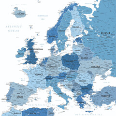 Europe - Highly Detailed Vector Map of the Europe. Ideally for the Print Posters. Faded Blue White Colors - obrazy, fototapety, plakaty