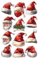 Set of Santa hats and beards arranged on a plain white surface christmas