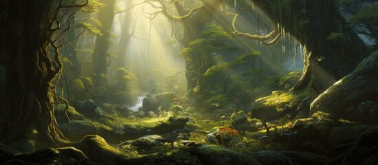 The lush forest encompasses a meandering stream flowing through its heart, creating a serene and picturesque landscape - obrazy, fototapety, plakaty
