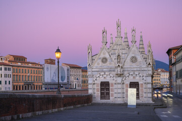 Pisa, Italy: December 6, 2021: View of Santa Maria della Spina a small chapel at the Arno Riverbed