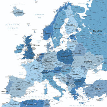 Europe - Highly Detailed Vector Map of the Europe. Ideally for the Print Posters. Faded Blue White Colors