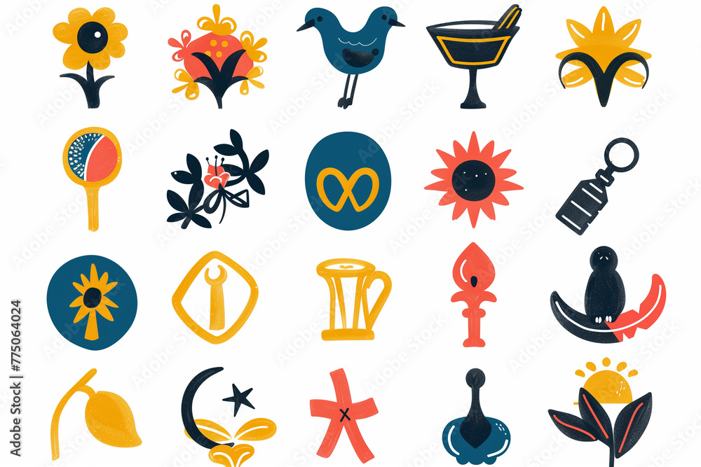 Poster set of colorful symbols and designs displayed on a plain white background