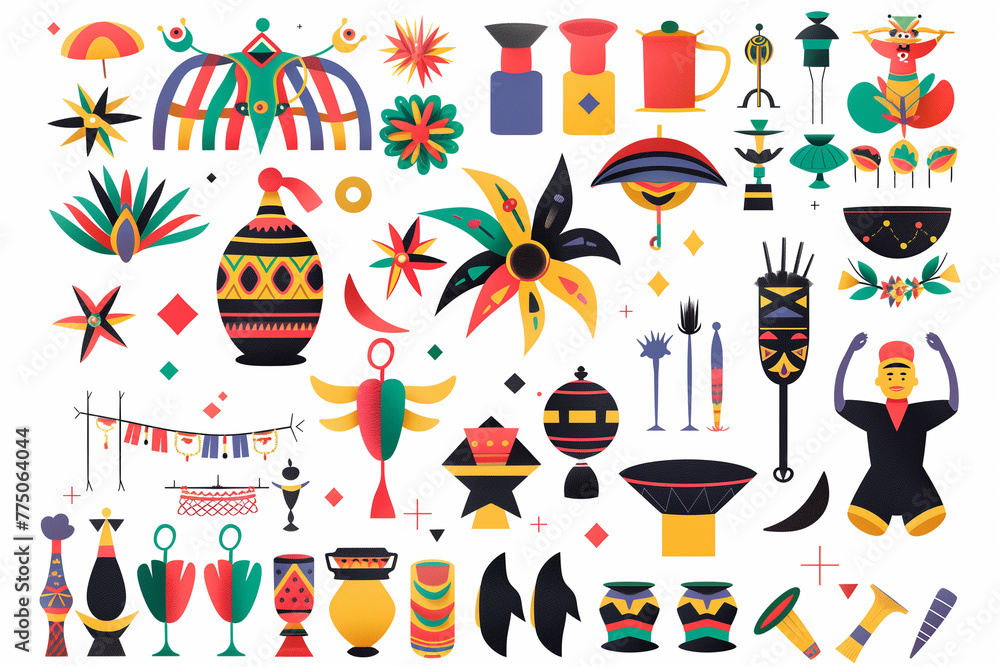 Poster set of colorful symbols for juneteenth displayed on a white surface