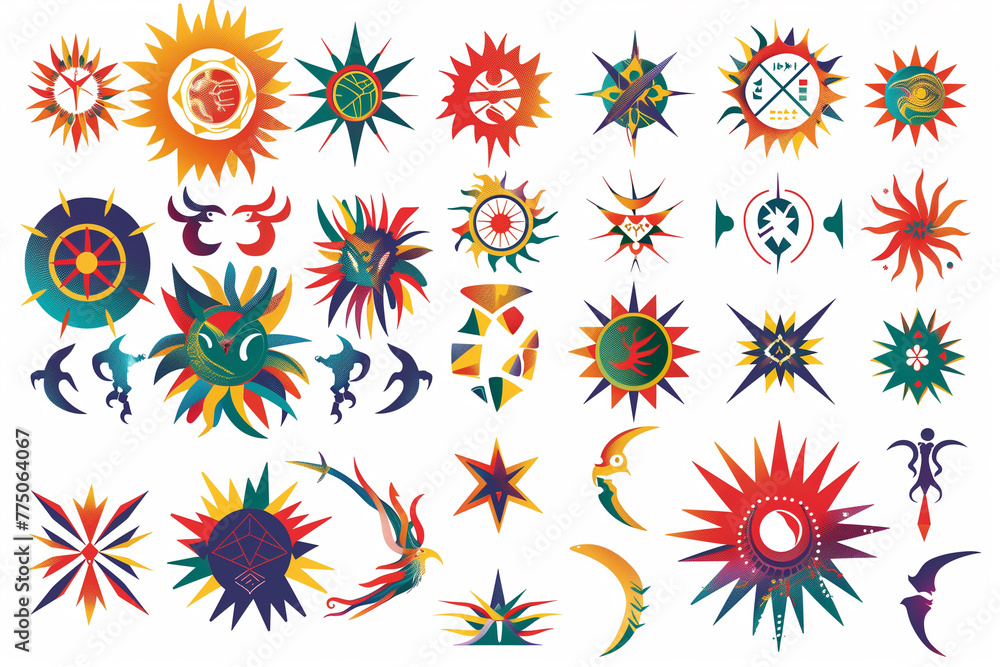 Poster set of colorful symbols and patterns displayed on a white surface for solstice