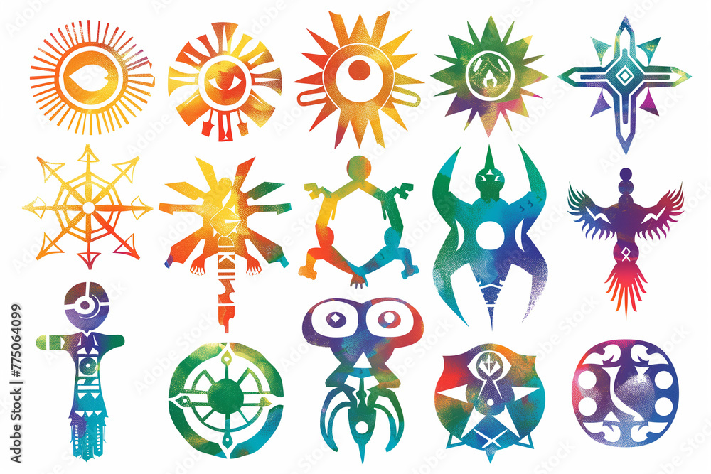 Poster set of different colorful symbols are displayed on a plain white background for solstice