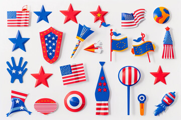Set of colorful Independence Day symbols arranged on a clean white background