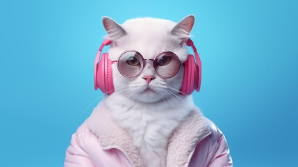 Playful Fantasy Cat Character in Sunglasses and Headphones, Sporting White Jacket, Enjoying Music on Pink and Blue Background