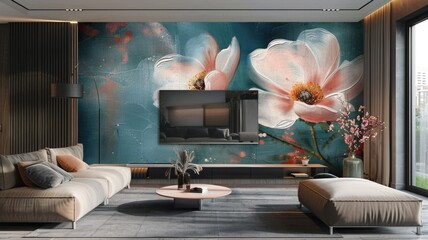 Interior of a modern living room with lovely flower painting. Generative AI